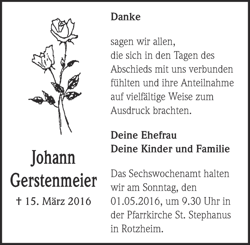  Traueranzeige für Johann Gerstenmeier vom 23.04.2016 aus  Blickpunkt Euskirchen 