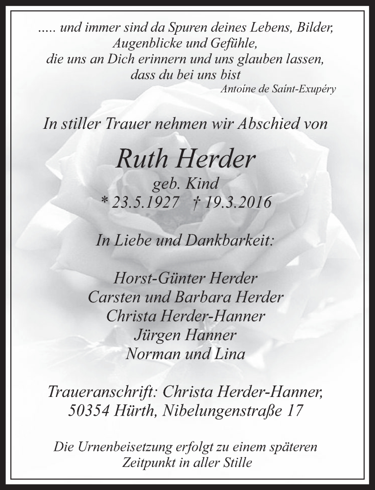  Traueranzeige für Ruth Herder vom 06.04.2016 aus  Wochenende 