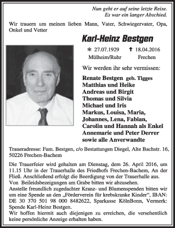 Anzeige von Karl-Heinz Bestgen von  Sonntags-Post 