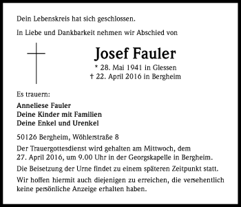 Anzeige von Josef Fauler von Kölner Stadt-Anzeiger / Kölnische Rundschau / Express