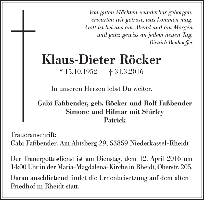  Traueranzeige für Klaus-Dieter Röcker vom 06.04.2016 aus  Extra Blatt 