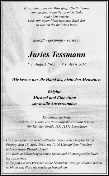 Anzeige von Juries Tessmann von Kölner Stadt-Anzeiger / Kölnische Rundschau / Express