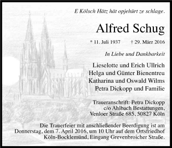 Anzeige von Alfred Schug von Kölner Stadt-Anzeiger / Kölnische Rundschau / Express