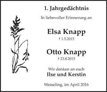 Anzeige von Elsa und Otto Knapp von  Schlossbote/Werbekurier 