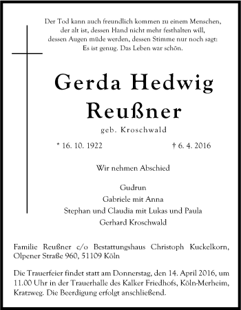 Anzeige von Gerda Hedwig Reußner von Kölner Stadt-Anzeiger / Kölnische Rundschau / Express