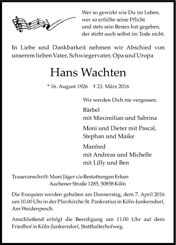 Anzeige von Hans Wachten von Kölner Stadt-Anzeiger / Kölnische Rundschau / Express