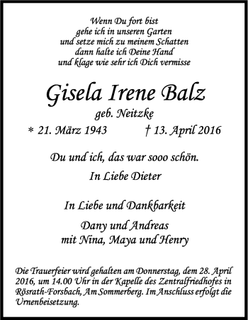 Anzeige von Gisela Irene Balz von Kölner Stadt-Anzeiger / Kölnische Rundschau / Express