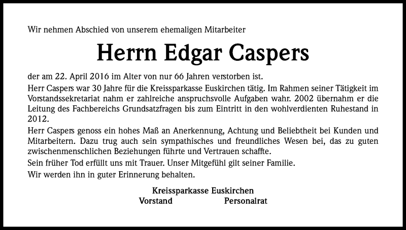  Traueranzeige für Edgar Caspers vom 29.04.2016 aus Kölner Stadt-Anzeiger / Kölnische Rundschau / Express