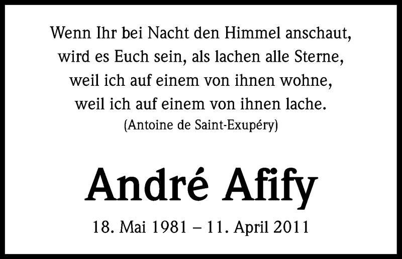  Traueranzeige für André Afify vom 11.04.2016 aus Kölner Stadt-Anzeiger / Kölnische Rundschau / Express