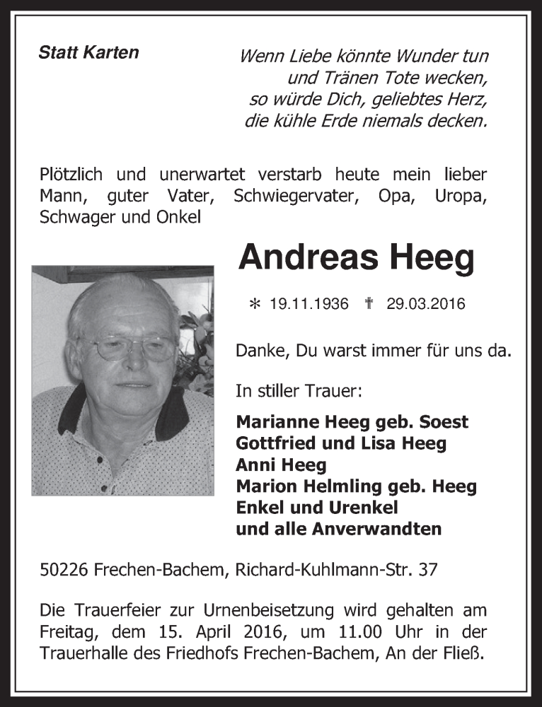  Traueranzeige für Andreas Heeg vom 06.04.2016 aus  Wochenende 