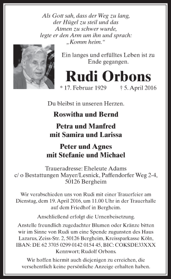 Anzeige von Rudi Orbons von  Werbepost 