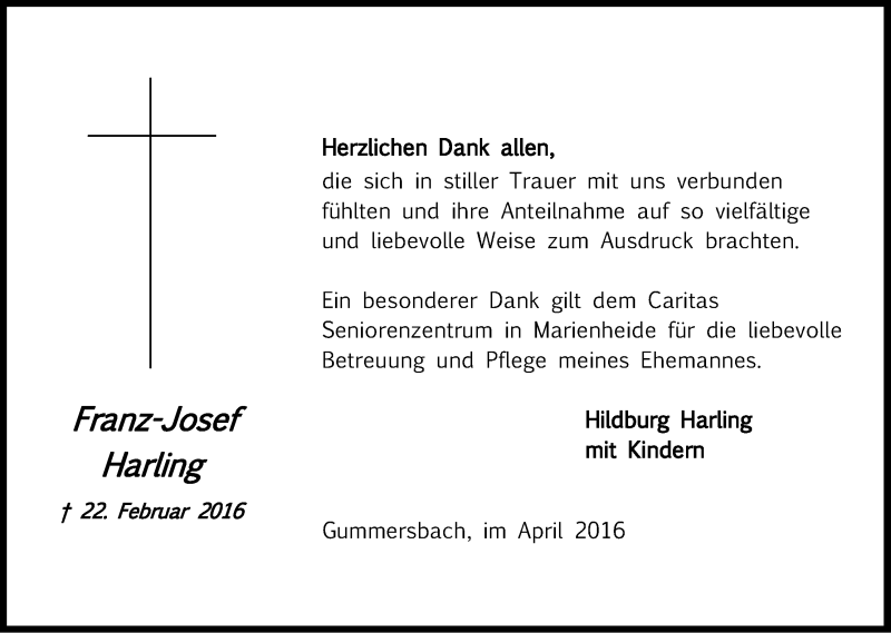  Traueranzeige für Franz-Josef Harling vom 23.04.2016 aus Kölner Stadt-Anzeiger / Kölnische Rundschau / Express