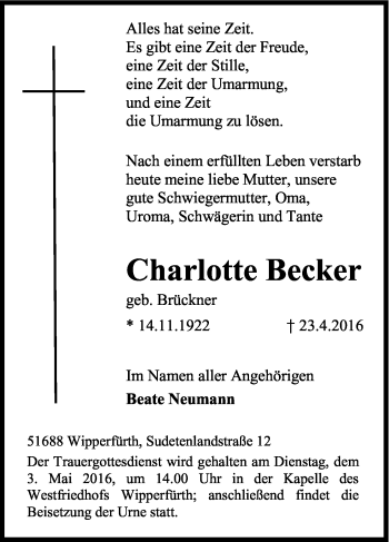 Anzeige von Charlotte Becker von Kölner Stadt-Anzeiger / Kölnische Rundschau / Express