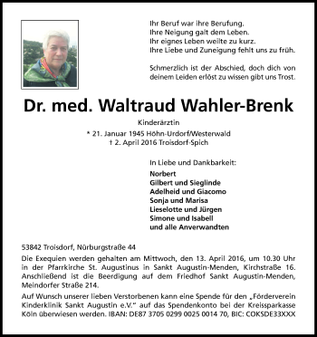Anzeige von Waltraud Wahler-Brenk von Kölner Stadt-Anzeiger / Kölnische Rundschau / Express