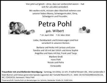 Anzeige von Petra Pohl von Kölner Stadt-Anzeiger / Kölnische Rundschau / Express