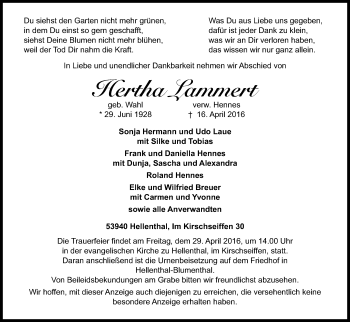 Anzeige von Hertha Lammert von Kölner Stadt-Anzeiger / Kölnische Rundschau / Express