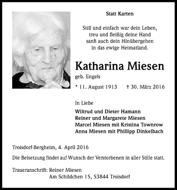 Anzeige von Katharina Miesen von Kölner Stadt-Anzeiger / Kölnische Rundschau / Express