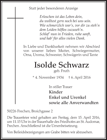 Anzeige von Isolde Schwarz von  Sonntags-Post 