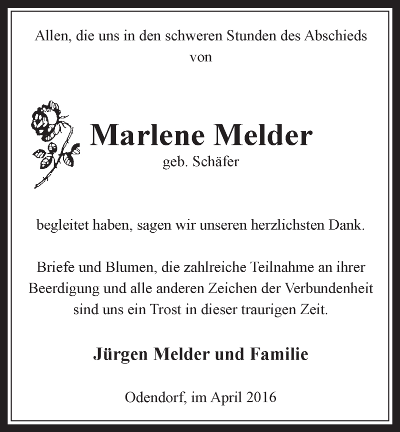  Traueranzeige für Marlene Melder vom 27.04.2016 aus  Schaufenster/Blickpunkt 