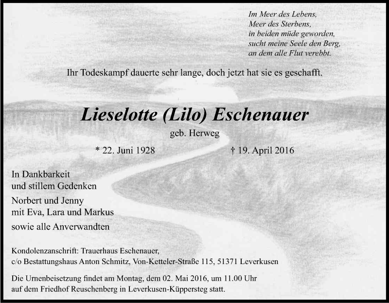  Traueranzeige für Lieselotte Eschenauer vom 27.04.2016 aus Kölner Stadt-Anzeiger / Kölnische Rundschau / Express
