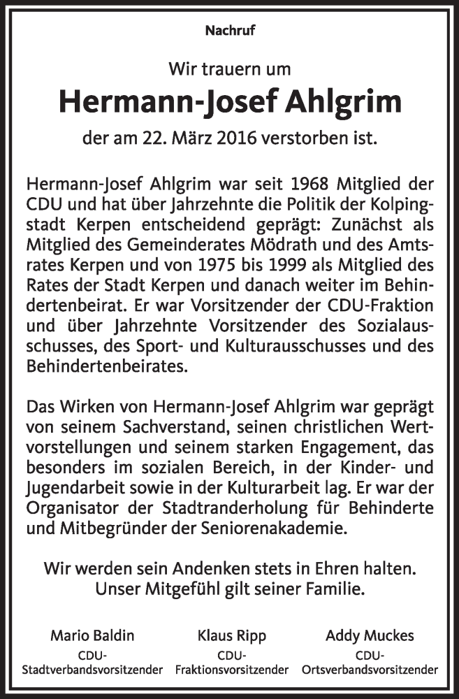  Traueranzeige für Hermann-Josef Ahlgrim vom 02.04.2016 aus  Sonntags-Post 