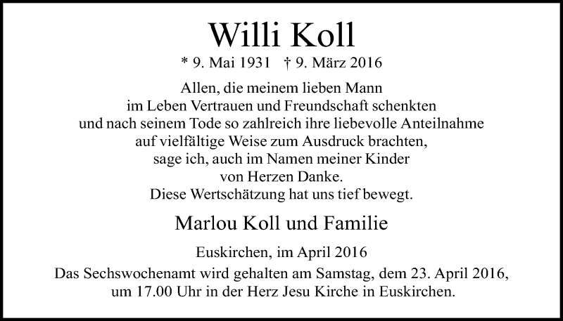  Traueranzeige für Willi Koll vom 16.04.2016 aus  Blickpunkt Euskirchen 