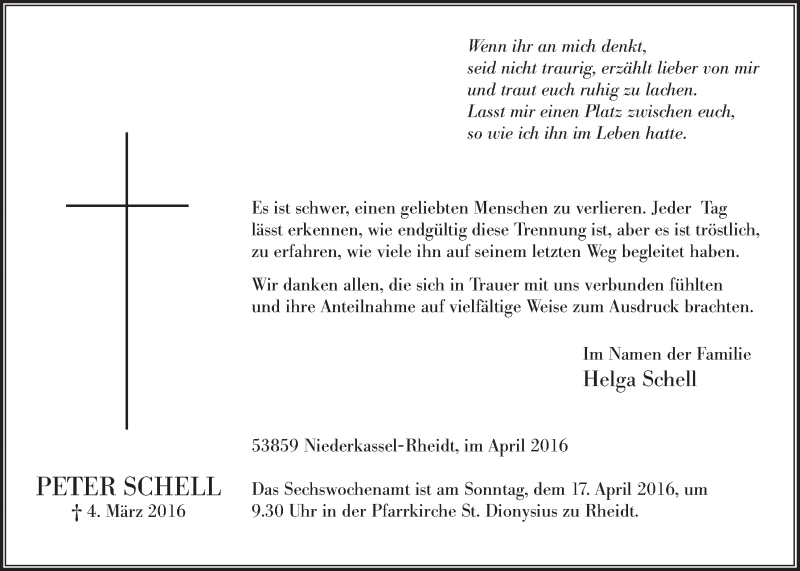  Traueranzeige für Peter Schell vom 13.04.2016 aus  Extra Blatt 