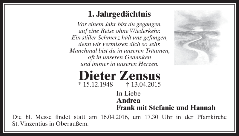  Traueranzeige für Dieter Zensus vom 06.04.2016 aus  Werbepost 
