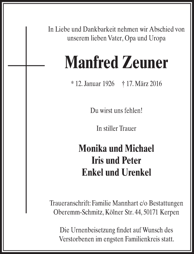  Traueranzeige für Manfred Zeuner vom 02.04.2016 aus  Sonntags-Post 