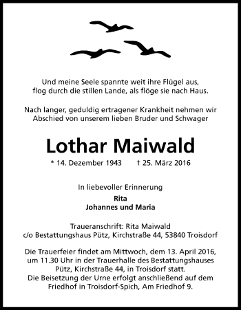 Anzeige von Lothar Maiwald von Kölner Stadt-Anzeiger / Kölnische Rundschau / Express