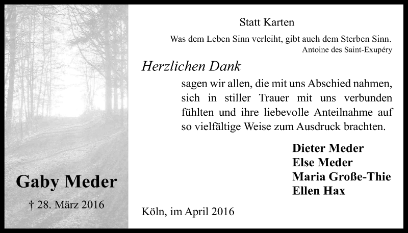  Traueranzeige für Gaby Meder vom 20.04.2016 aus  Kölner Wochenspiegel 