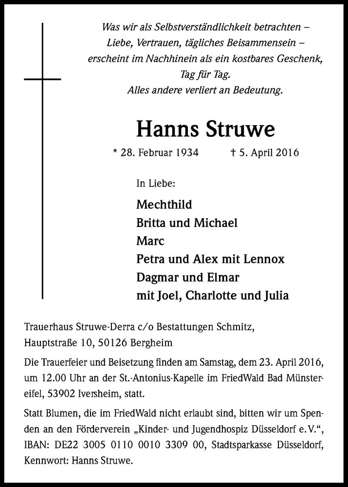  Traueranzeige für Hanns Struwe vom 12.04.2016 aus Kölner Stadt-Anzeiger / Kölnische Rundschau / Express