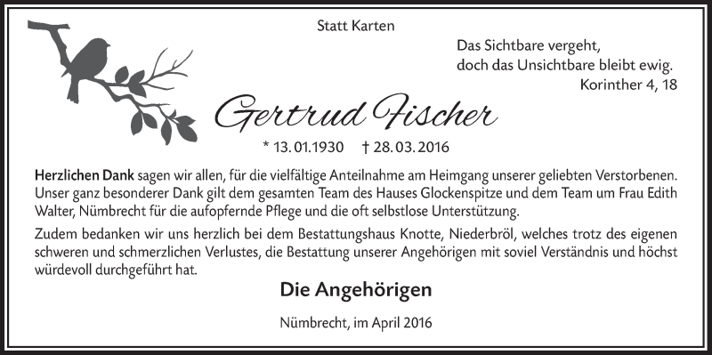  Traueranzeige für Gertrud Fischer vom 27.04.2016 aus  Lokalanzeiger 