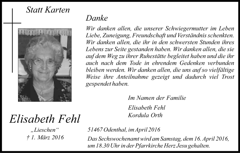  Traueranzeige für Elisabeth Fehl vom 09.04.2016 aus Kölner Stadt-Anzeiger / Kölnische Rundschau / Express