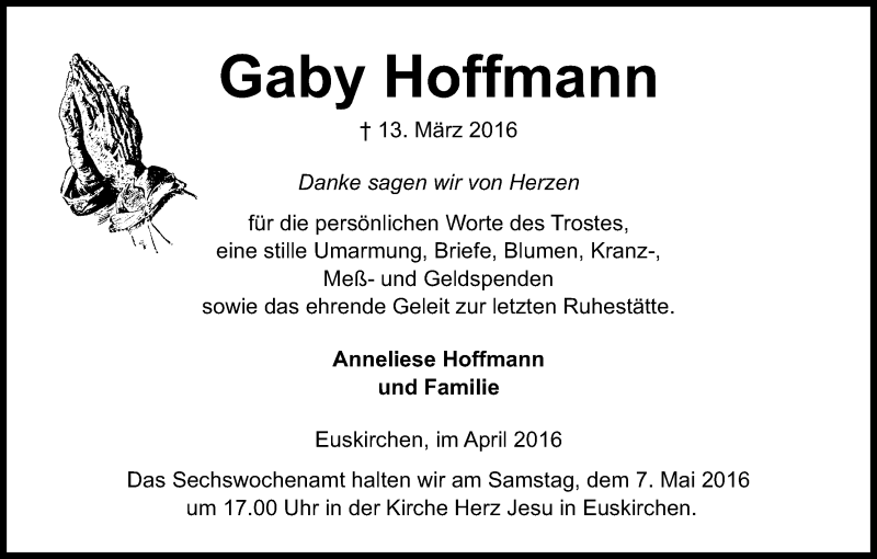  Traueranzeige für Gaby Hoffmann vom 23.04.2016 aus Kölner Stadt-Anzeiger / Kölnische Rundschau / Express