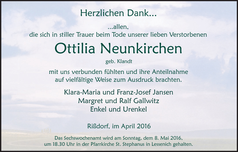  Traueranzeige für Ottilia Neunkirchen vom 30.04.2016 aus  Blickpunkt Euskirchen 