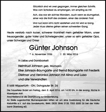 Anzeige von Günter Johnson von Kölner Stadt-Anzeiger / Kölnische Rundschau / Express
