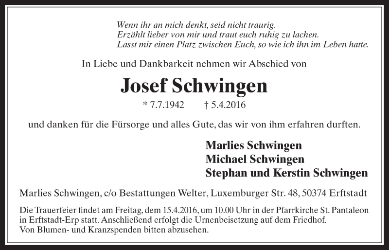  Traueranzeige für Josef Schwingen vom 09.04.2016 aus  Sonntags-Post 