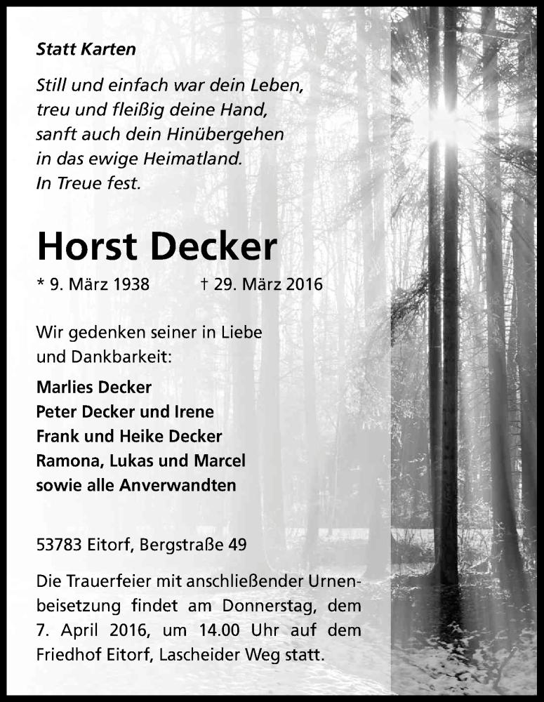  Traueranzeige für Horst Decker vom 02.04.2016 aus Kölner Stadt-Anzeiger / Kölnische Rundschau / Express