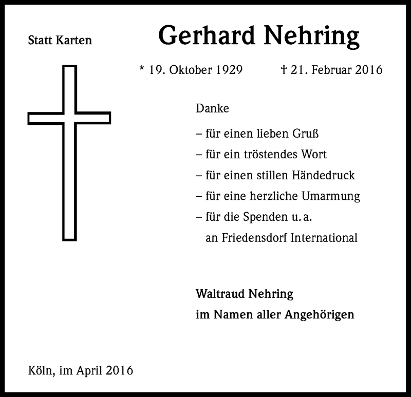  Traueranzeige für Gerhard Nehring vom 16.04.2016 aus Kölner Stadt-Anzeiger / Kölnische Rundschau / Express