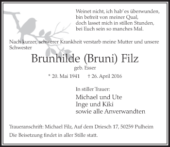 Anzeige von Brunhilde Filz von  Sonntags-Post 