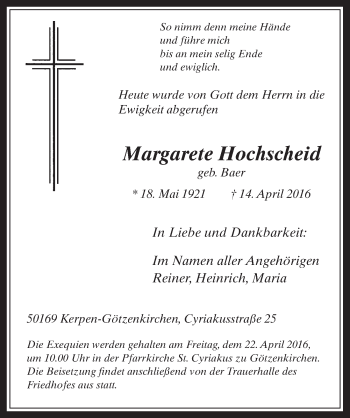 Anzeige von Margarete Hochscheid von  Werbepost 