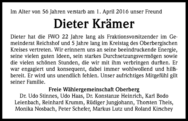  Traueranzeige für Dieter Krämer vom 07.04.2016 aus Kölner Stadt-Anzeiger / Kölnische Rundschau / Express