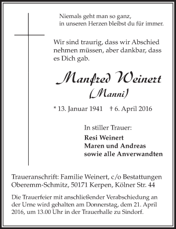 Anzeige von Manfred Weinert von  Sonntags-Post 