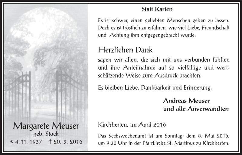  Traueranzeige für Margarete Meuser vom 27.04.2016 aus  Werbepost 