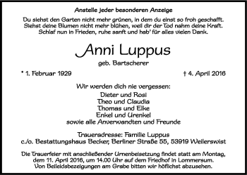 Anzeige von Anni Luppus von Kölner Stadt-Anzeiger / Kölnische Rundschau / Express
