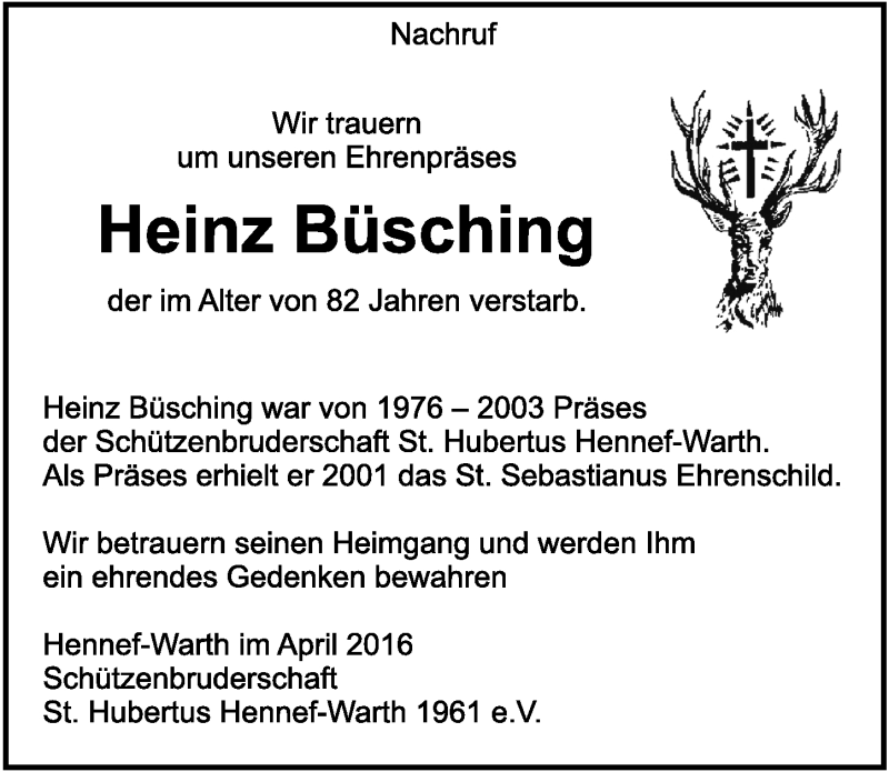  Traueranzeige für Heinz Büsching vom 27.04.2016 aus  Extra Blatt 