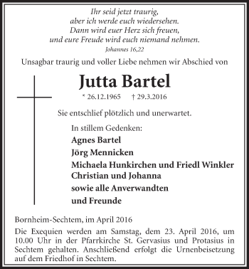 Anzeige von Jutta Bartel von  Schlossbote/Werbekurier 