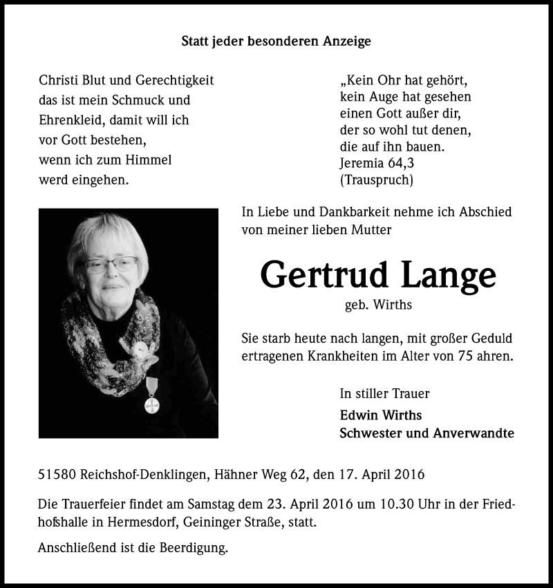  Traueranzeige für Gertrud Lange vom 19.04.2016 aus Kölner Stadt-Anzeiger / Kölnische Rundschau / Express