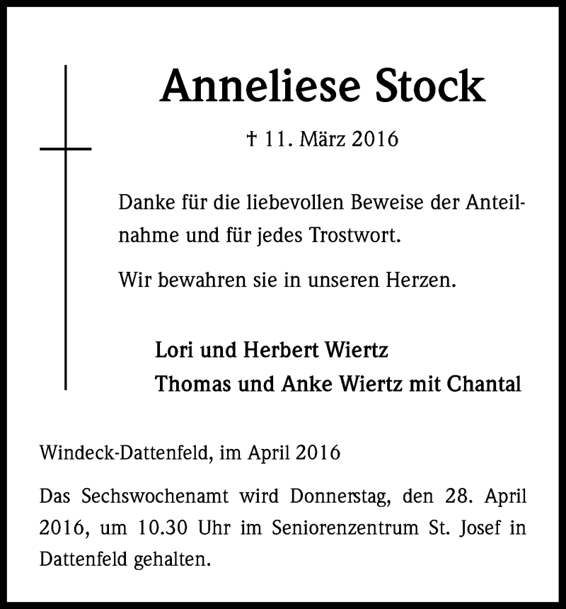  Traueranzeige für Anneliese Stock vom 23.04.2016 aus Kölner Stadt-Anzeiger / Kölnische Rundschau / Express
